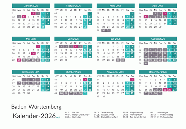 Kalender mit Ferien Baden-Württemberg 2026 Vorschau
