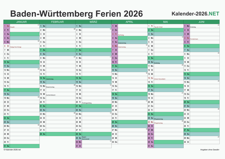 Halbjahreskalender mit Ferien Baden-Württemberg 2026 Vorschau