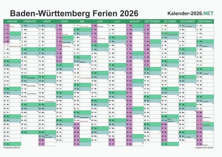 Kalender mit Ferien Baden-Württemberg 2026 Vorschau