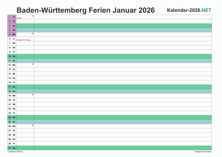 Monatskalender mit Ferien Baden-Württemberg 2026 Vorschau