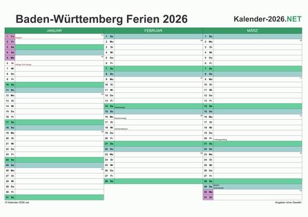Quartalskalender mit Ferien Baden-Württemberg 2026 Vorschau
