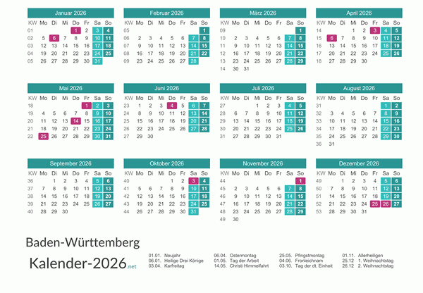 Baden-Württemberg Kalender 2026 + Feiertage Vorschau