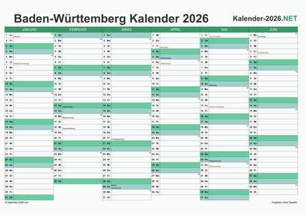 Baden-Württemberg Halbjahreskalender 2026 Vorschau