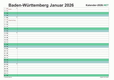 Baden-Württemberg Monatskalender 2026 Vorschau
