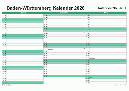 Baden-Württemberg Quartalskalender 2026 Vorschau