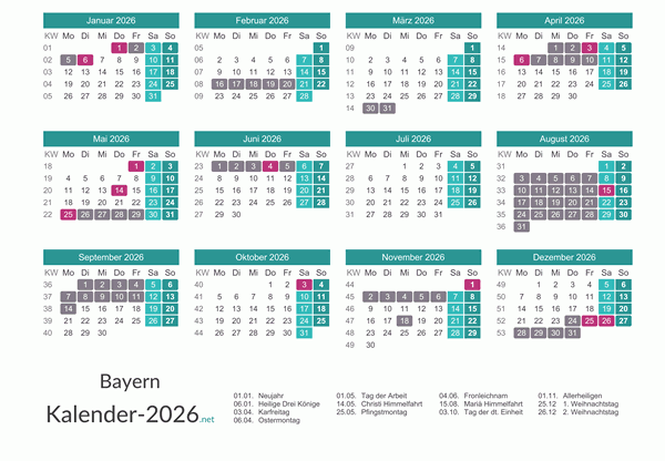 Kalender mit Ferien Bayern 2026 Vorschau