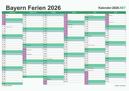 Halbjahreskalender mit Ferien Bayern 2026 Vorschau
