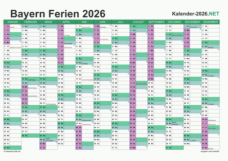 Kalender mit Ferien Bayern 2026 Vorschau