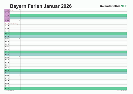 Monatskalender mit Ferien Bayern 2026 Vorschau