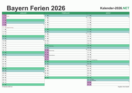 Quartalskalender mit Ferien Bayern 2026 Vorschau