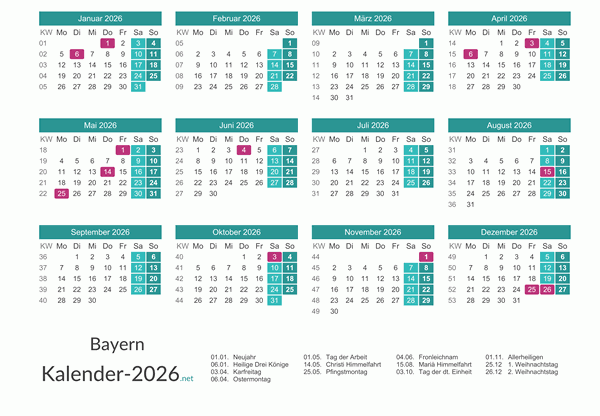 Bayern Kalender 2026 + Feiertage Vorschau