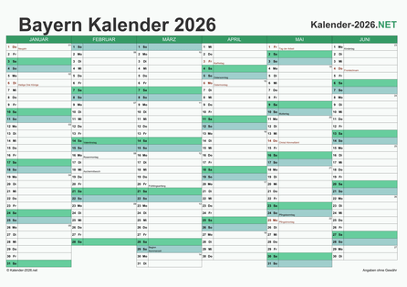 Bayern Halbjahreskalender 2026 Vorschau