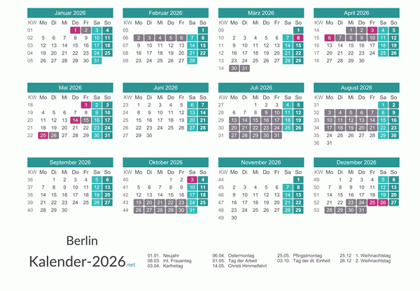 Kalender mit Ferien Berlin 2026 Vorschau