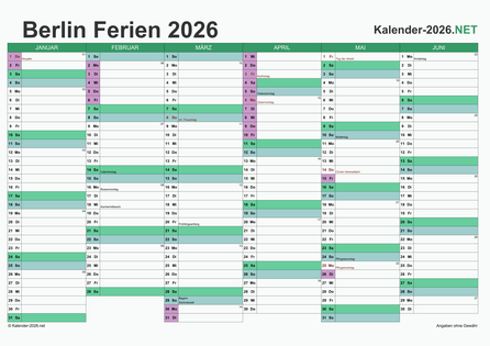 Halbjahreskalender mit Ferien Berlin 2026 Vorschau