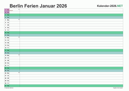 Monatskalender mit Ferien Berlin 2026 Vorschau