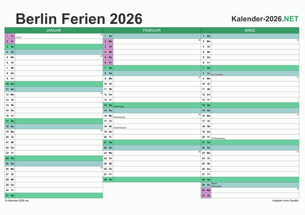 Quartalskalender mit Ferien Berlin 2026 Vorschau