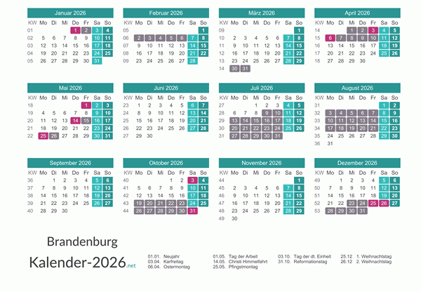 Ferien 2026 + Feiertage zum Ausdrucken - Brandenburg Vorschau