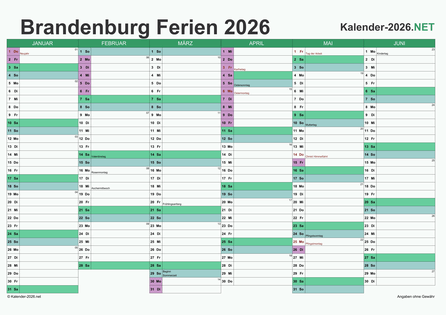 Halbjahreskalender 2026 zum Ausdrucken zum Ausdrucken - mit FerienBrandenburg Vorschau