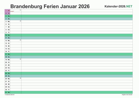 Monatskalender 2026 zum Ausdrucken zum Ausdrucken - mit FerienBrandenburg Vorschau