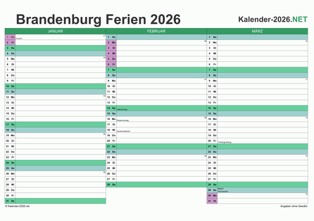 Quartalskalender 2026 zum Ausdrucken zum Ausdrucken - mit FerienBrandenburg Vorschau