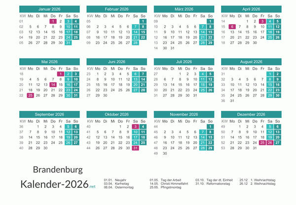 Feiertage Brandenburg 2026 zum Ausdrucken Vorschau