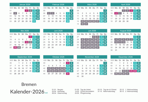Kalender mit Ferien Bremen 2026 Vorschau
