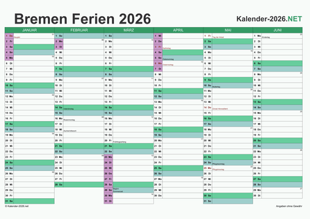 Halbjahreskalender mit Ferien Bremen 2026 Vorschau