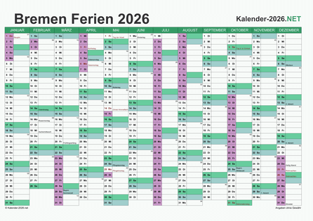 Kalender mit Ferien Bremen 2026 Vorschau