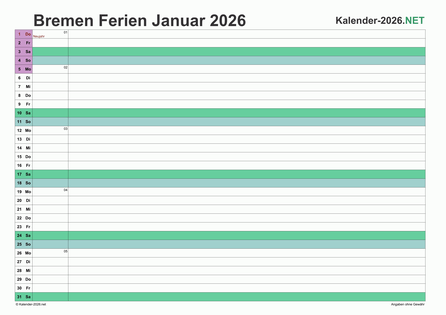 Monatskalender mit Ferien Bremen 2026 Vorschau
