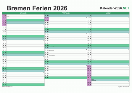 Quartalskalender mit Ferien Bremen 2026 Vorschau
