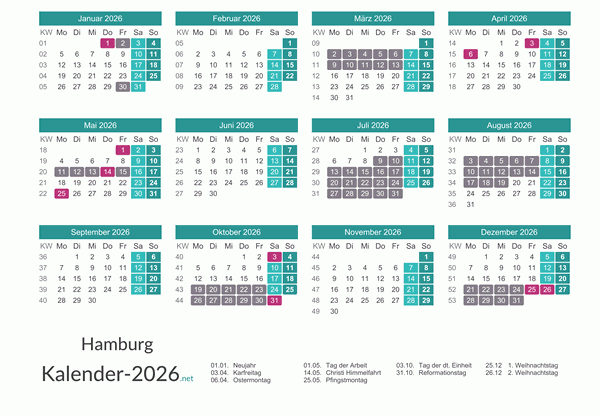 Kalender mit Ferien Hamburg 2026 Vorschau