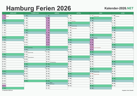 Halbjahreskalender mit Ferien Hamburg 2026 Vorschau
