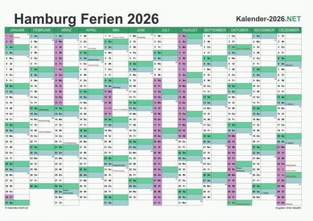 Kalender mit Ferien Hamburg 2026 Vorschau