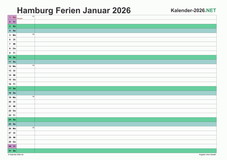 Monatskalender mit Ferien Hamburg 2026 Vorschau