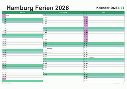 Quartalskalender mit Ferien Hamburg 2026 Vorschau
