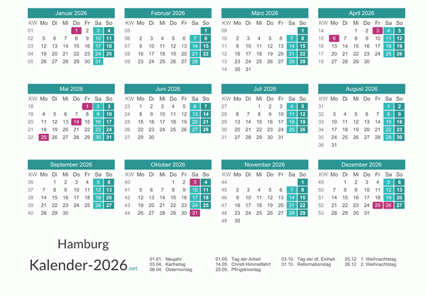 Hamburg Kalender 2026 + Feiertage Vorschau