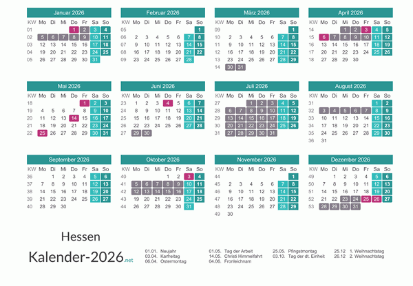 Kalender mit Ferien Hessen 2026 Vorschau