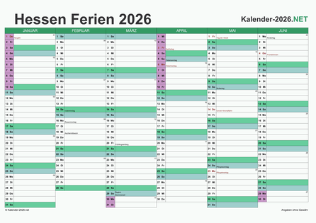 Halbjahreskalender mit Ferien Hessen 2026 Vorschau