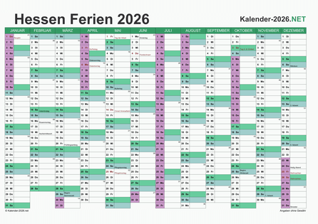 Kalender mit Ferien Hessen 2026 Vorschau