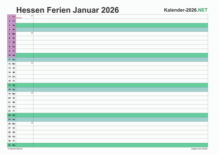 Monatskalender mit Ferien Hessen 2026 Vorschau