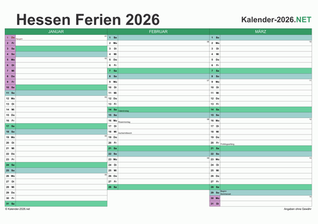 Quartalskalender mit Ferien Hessen 2026 Vorschau