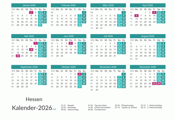 Hessen Kalender 2026 + Feiertage Vorschau