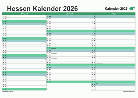 Hessen Quartalskalender 2026 Vorschau