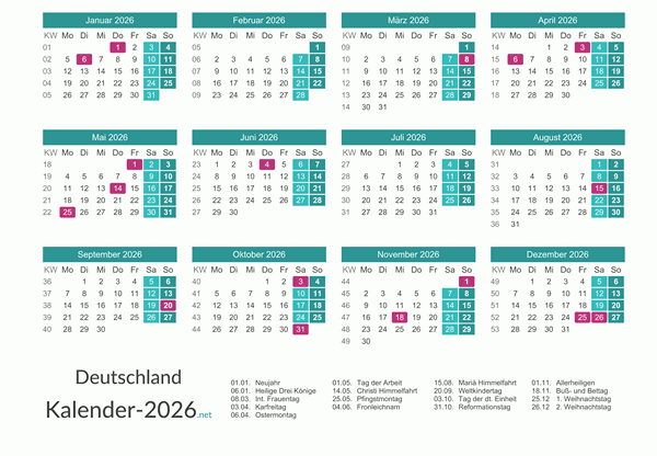 Kalender 2026 mit Feiertagen Vorschau