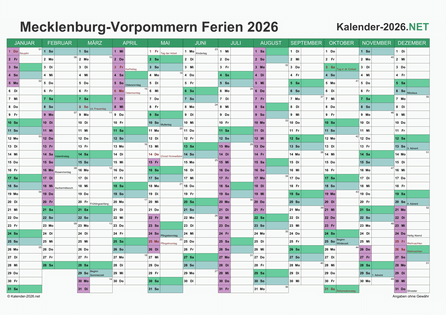 Kalender mit Ferien Meck-Pomm 2026 Vorschau