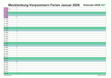 Monatskalender mit Ferien Meck-Pomm 2026 Vorschau