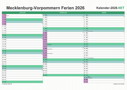 Quartalskalender mit Ferien Meck-Pomm 2026 Vorschau