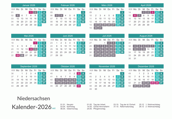 Kalender mit Ferien Niedersachsen 2026 Vorschau