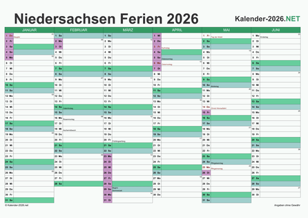Halbjahreskalender mit Ferien Niedersachsen 2026 Vorschau