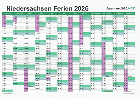 Kalender mit Ferien Niedersachsen 2026 Vorschau